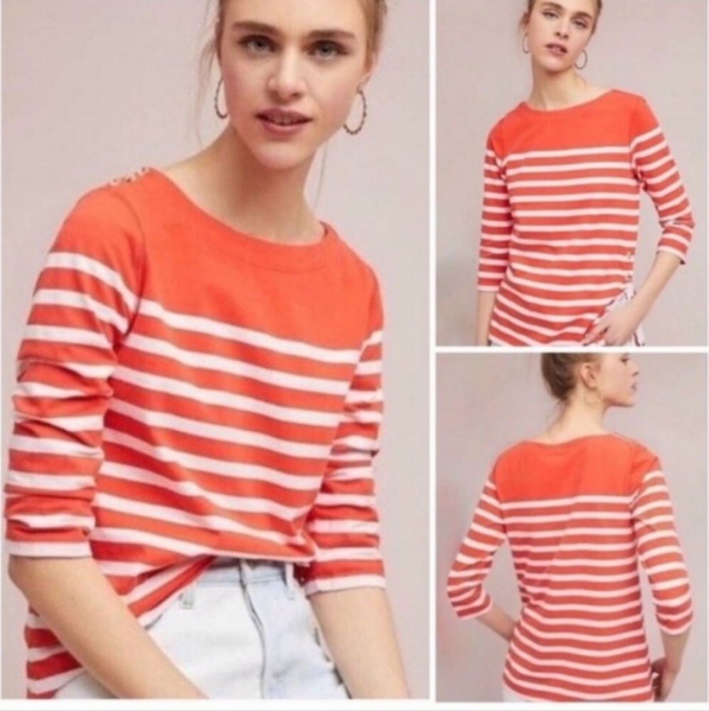 Maeve Bonnie Boatneck Nautical Stripe Button Side 3/4 Sleeve Top